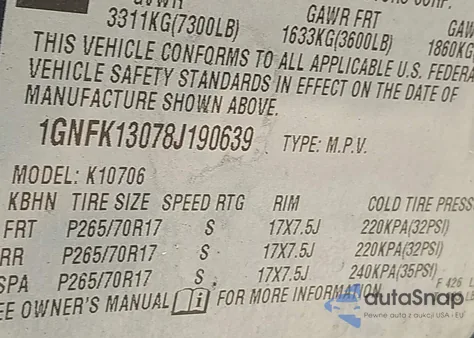 2008 Chevrolet Tahoe Lt из США, поврежденный, VIN 1GNFK13078J190639